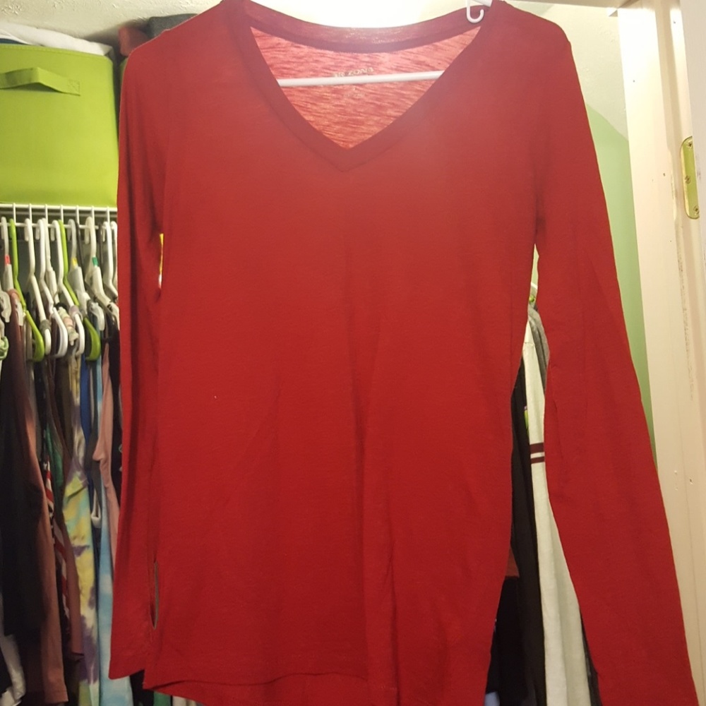 Red v neck long sleeve shirt